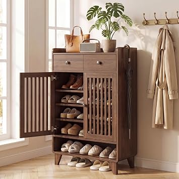 IPKIG Shoe Storage Cabinet for Entryway, 6-Tier Wooden Enclosed Shoe Dresser with Slatted Doors, Adjustable Shelves and 2 Drawers, Narrow Shoes Rack Organizer for Hallway, Front Door, Closet, Walnut