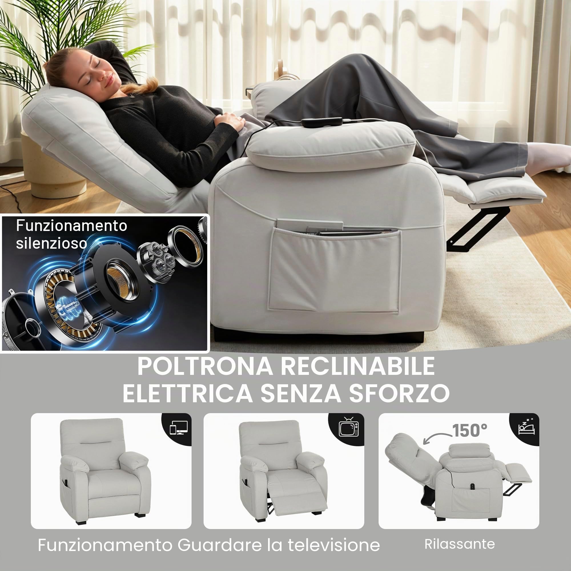 HOMCOM Poltrona Relax Elettrica con Porta USB Crema