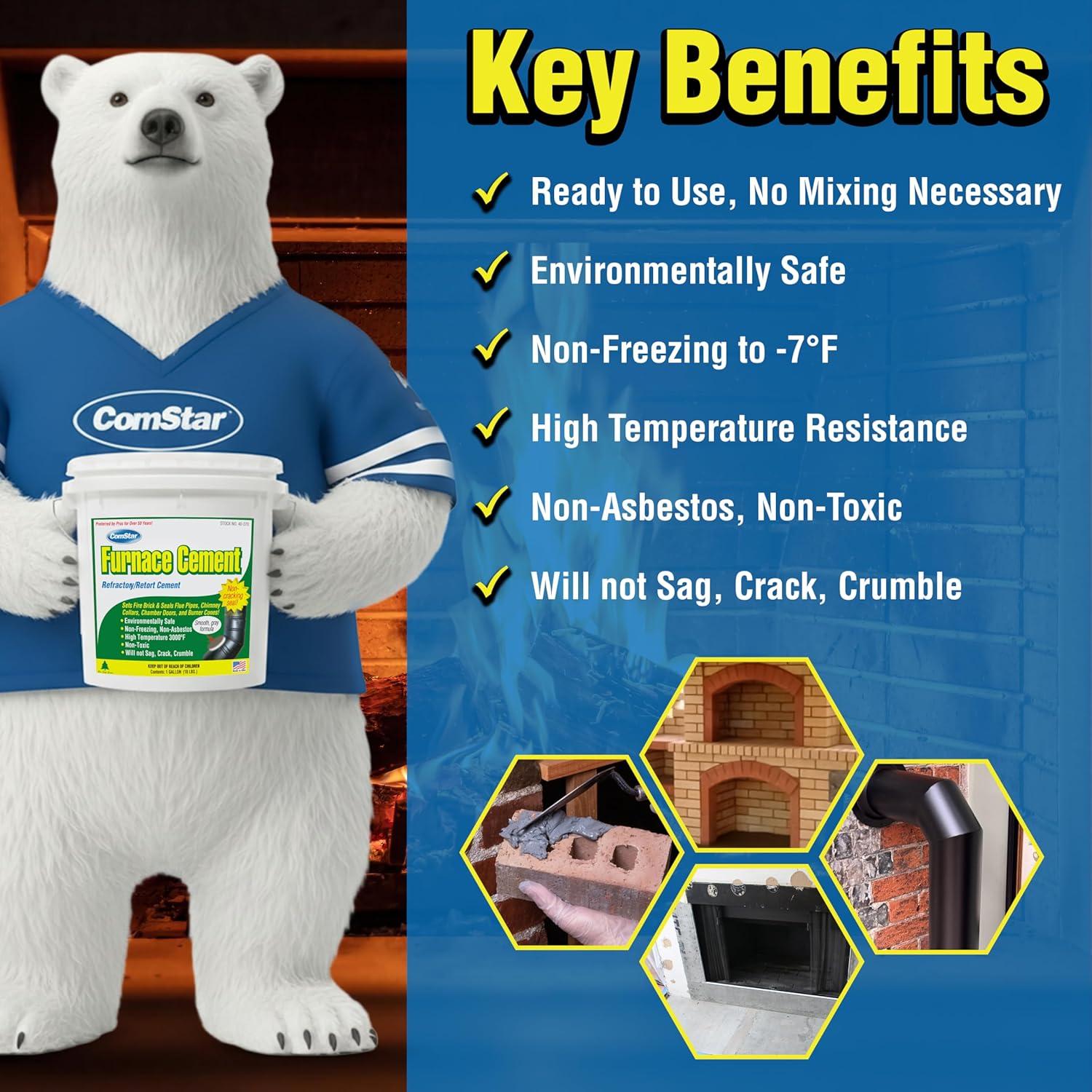 ComStar Furnace Cement, 1 Gallon-Non-Freezing 3,000°F High-Temp Refractory & Retort Cement-Ready-to-Use High-Heat Paste for Fireplaces,Wood Stoves,Flue Pipes&Firebricks-Asbestos-Free (Pack of 2)