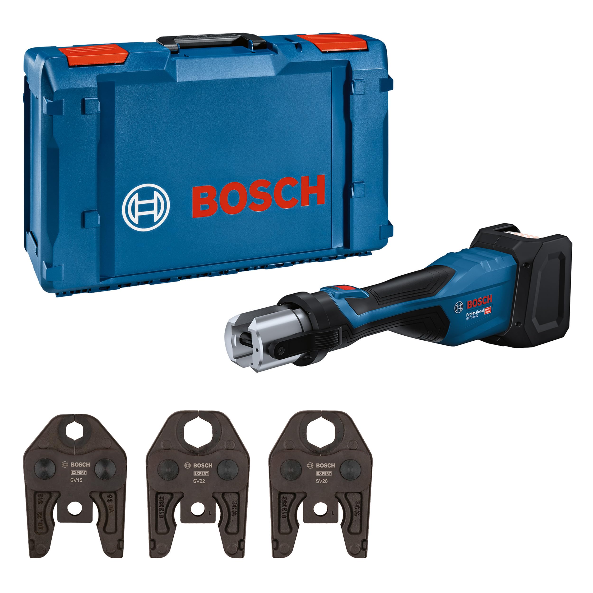 Bosch Professional 18V System Akku Presswerkzeug GPT 18V-32 (32 kN Kraft, Kunststoff-Fittings bis 110 mm, Metall-Fittings bis 54 mm, inkl. Pressbacke Stand. SV15, SV22, SV28, XL-BOXX)