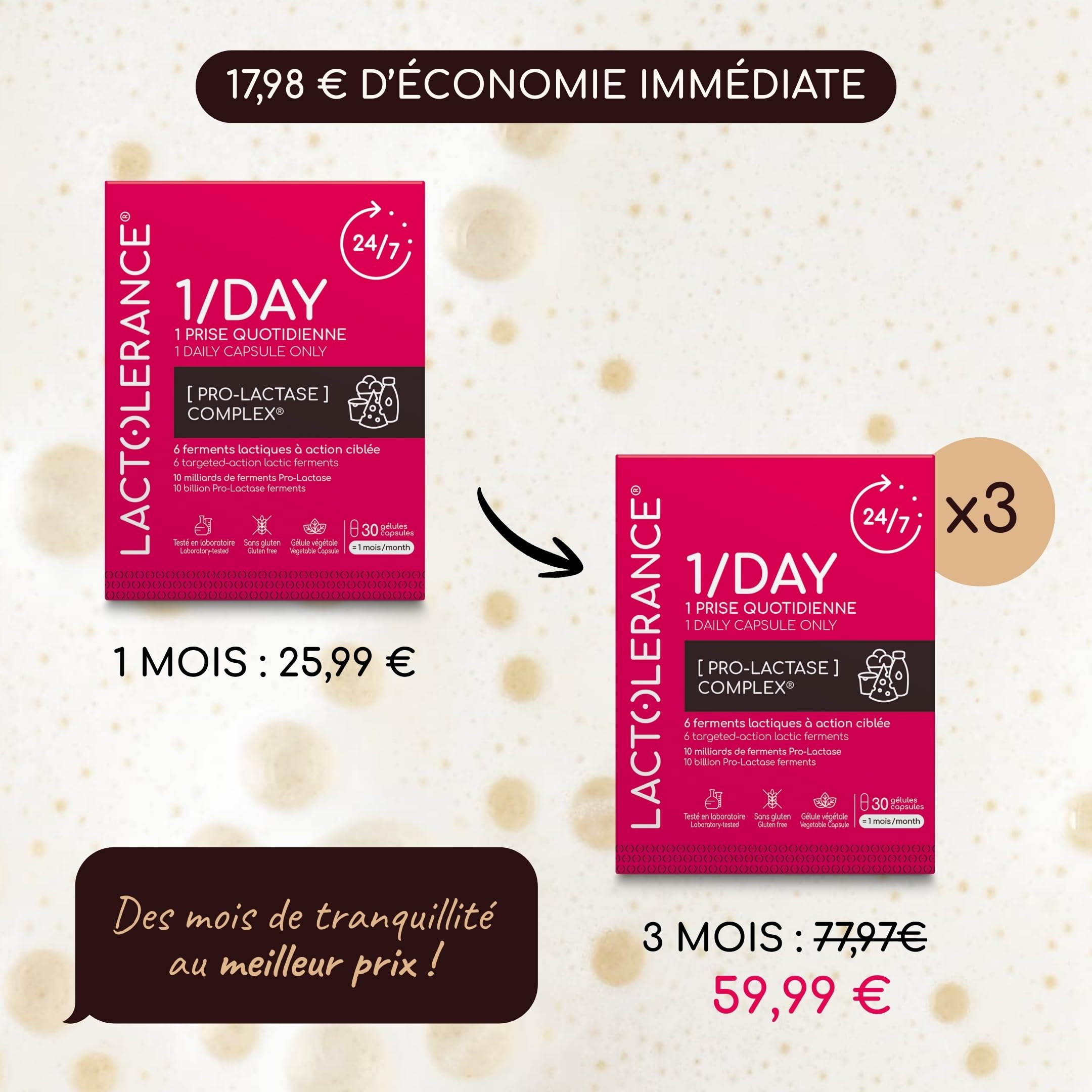 LACTOLERANCE 1/DAY I Précurseur de Lactase I Protection 24h/24-1 seule gélule par jour | Améliore la digestion du lactose | Tout niveau d'intolérance | 1 mois de traitement microbiotique