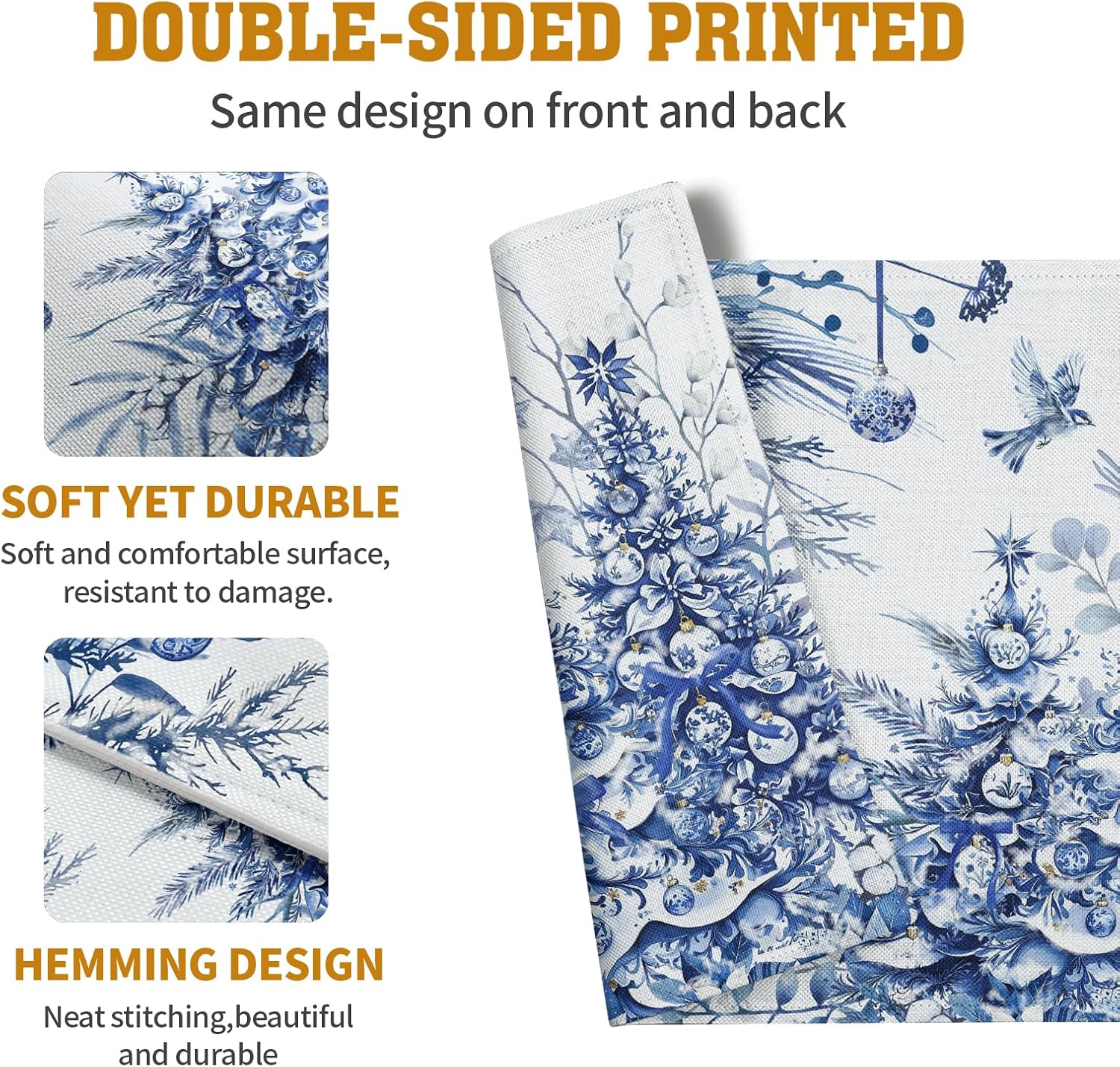 Blue and White Christmas Tree Placemats Set of 4, 12x18 Inch Chinoiserie Xmas Place Mats Winter Holiday Washable Linen Table Mats for Party Kitchen Dining Outdoor Indoor Decor