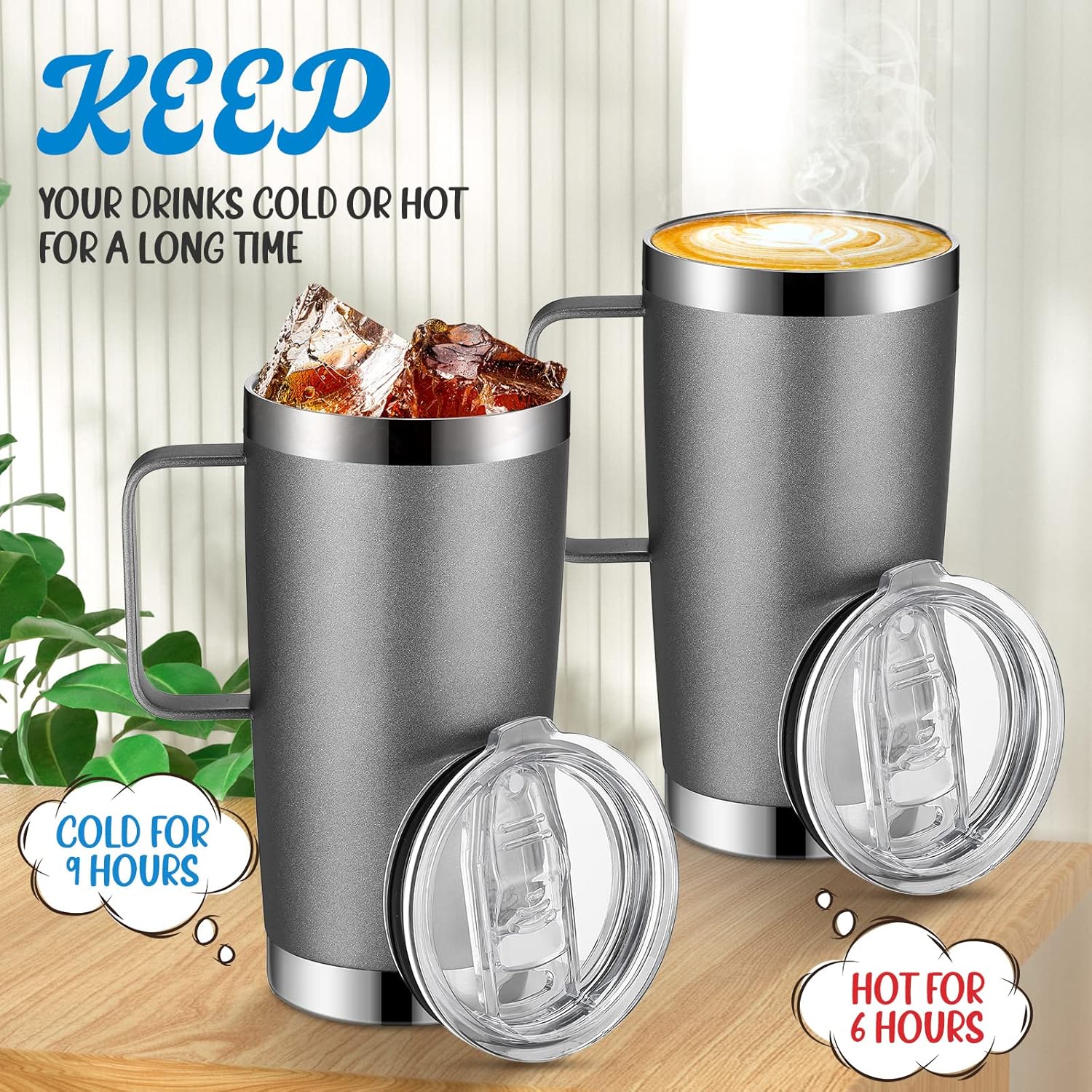 Lallisa 4 Pcs 20 oz Stainless Steel Coffee Mug with Handle Insulated Tumbler with Lid and Straw Brush Double Wall Vacuum Thermal Cup Reusable Portable Coffee Tumbler for Hot Cold Drinks (Silver) - Image 4