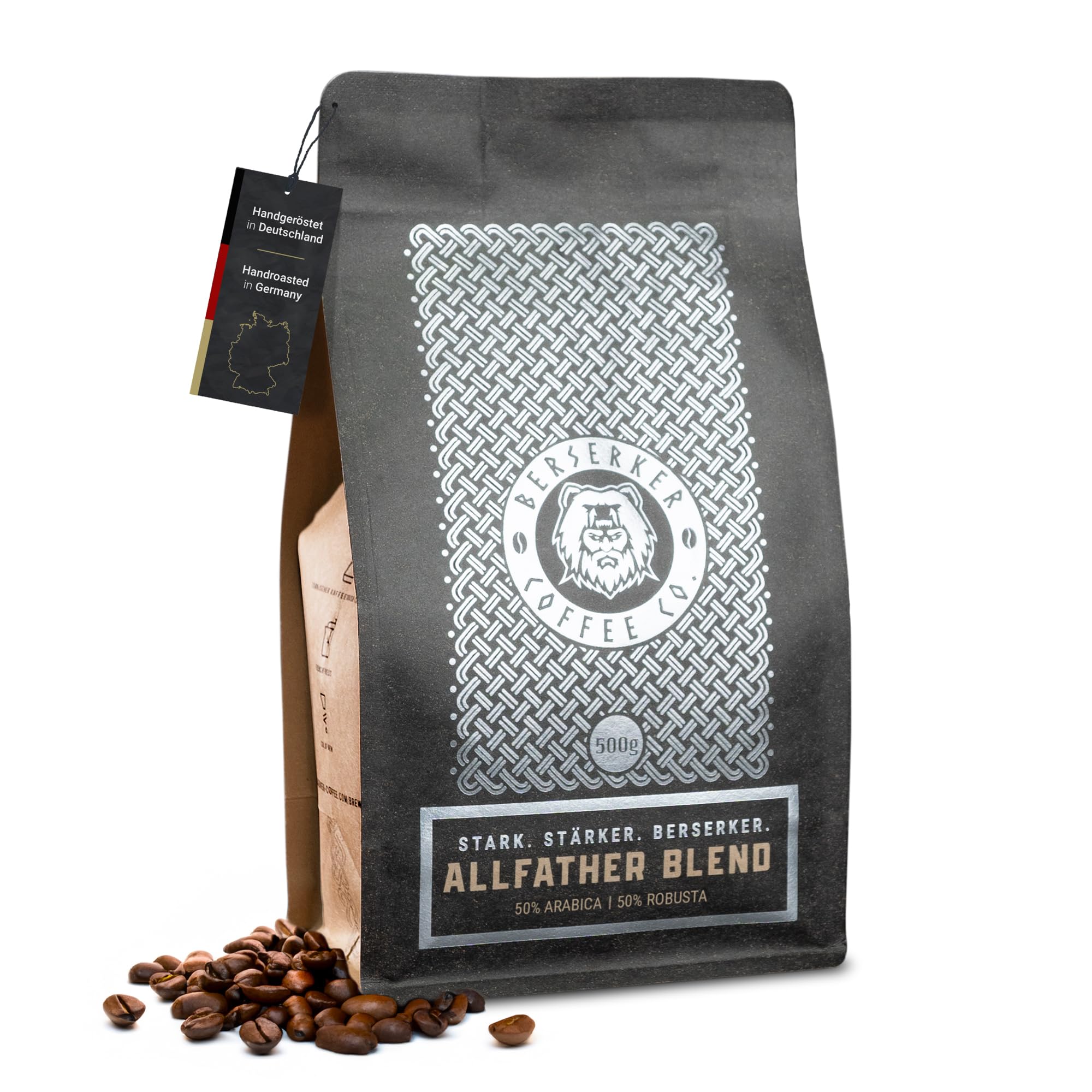 BERSERKER COFFEE - Allfather Blend, 500g - 50% Arabica, 50% Robusta Kaffeebohnen - säurearmer Kaffee, milde Röstung - GANZE BOHNE