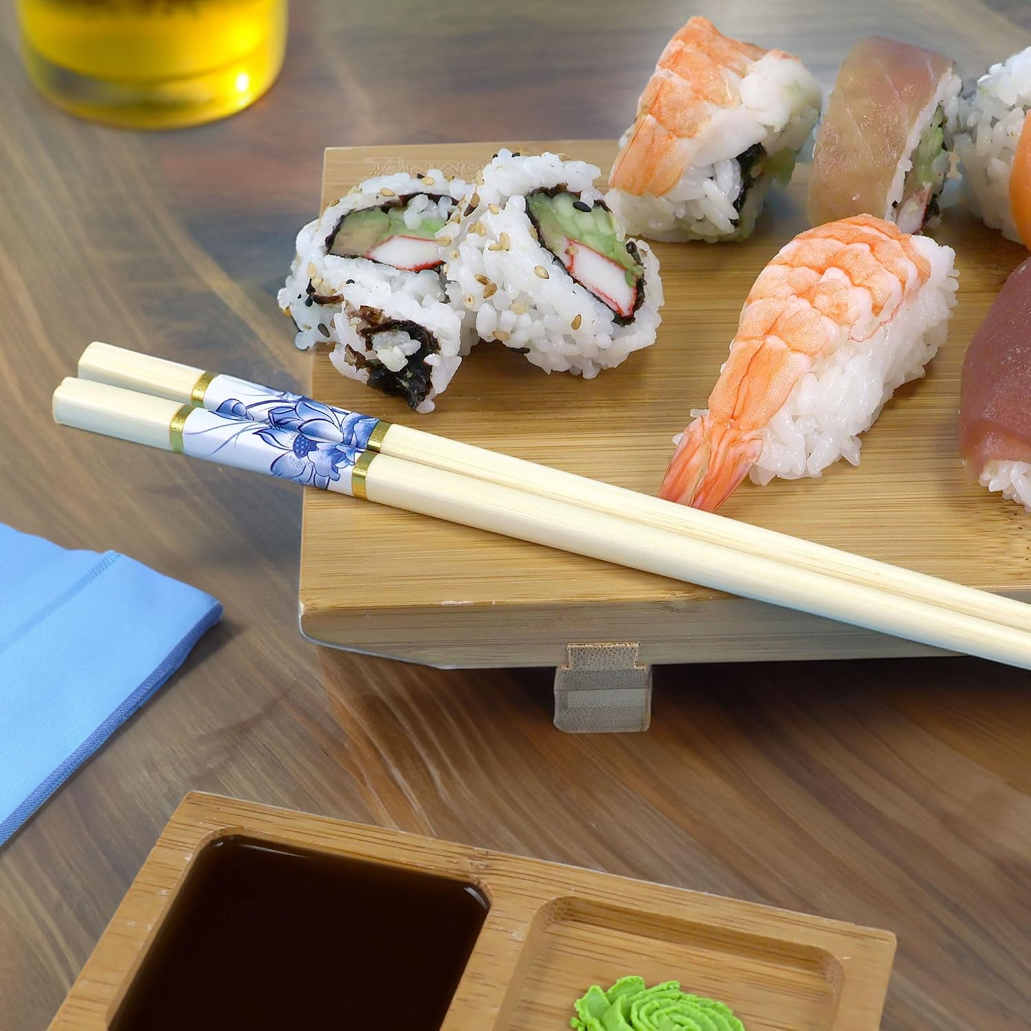 BambooMN Premium Reusable Japanese Bamboo Chopsticks, Floral Print, 9.5 inch - Blue - 6 Pairs