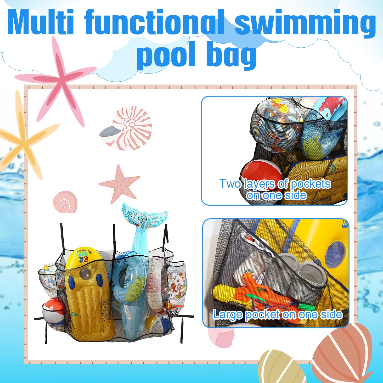 Cestino portaoggetti per piscina con 3 tasche laterali e cinghie inferiori, sacchetto impermeabile in rete per giocattoli da piscina (148 x 40 x 95 cm), adatto per gadget da piscina, conservazione e