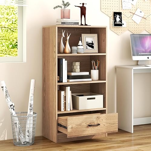 Estantería de 3 estantes con cajón, estantes de madera y estuches para libros, estante de almacenamiento en cubo, estantería pequeña para espacios