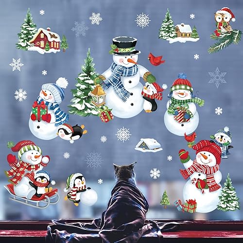 Miniatura 4 de decalmile Calcomanías reutilizables para ventana de Navidad, invierno, muñeco de nieve, pingüino, árbol de Navidad, copo de nieve, doble cara,