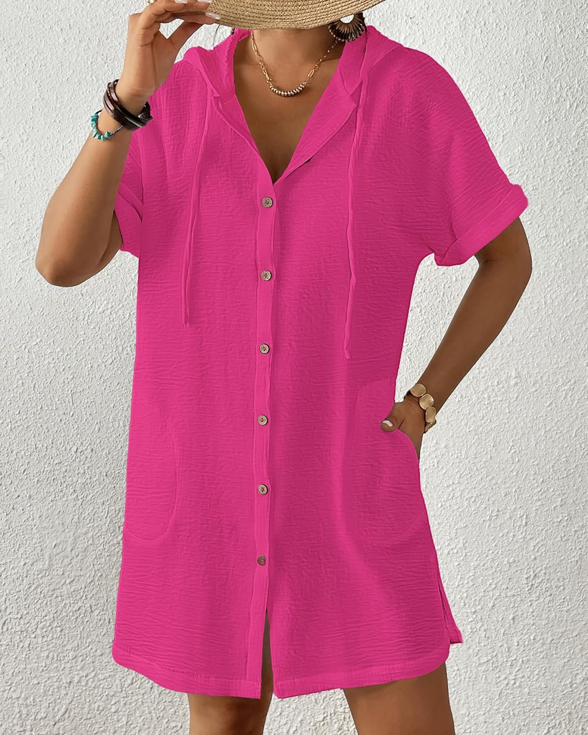 Bsubseach Womens Swimsuit Cover Up Shirt Button Down Short Sleeve Bathingsuit Coverups Hooded Beach Coverup With Pockets