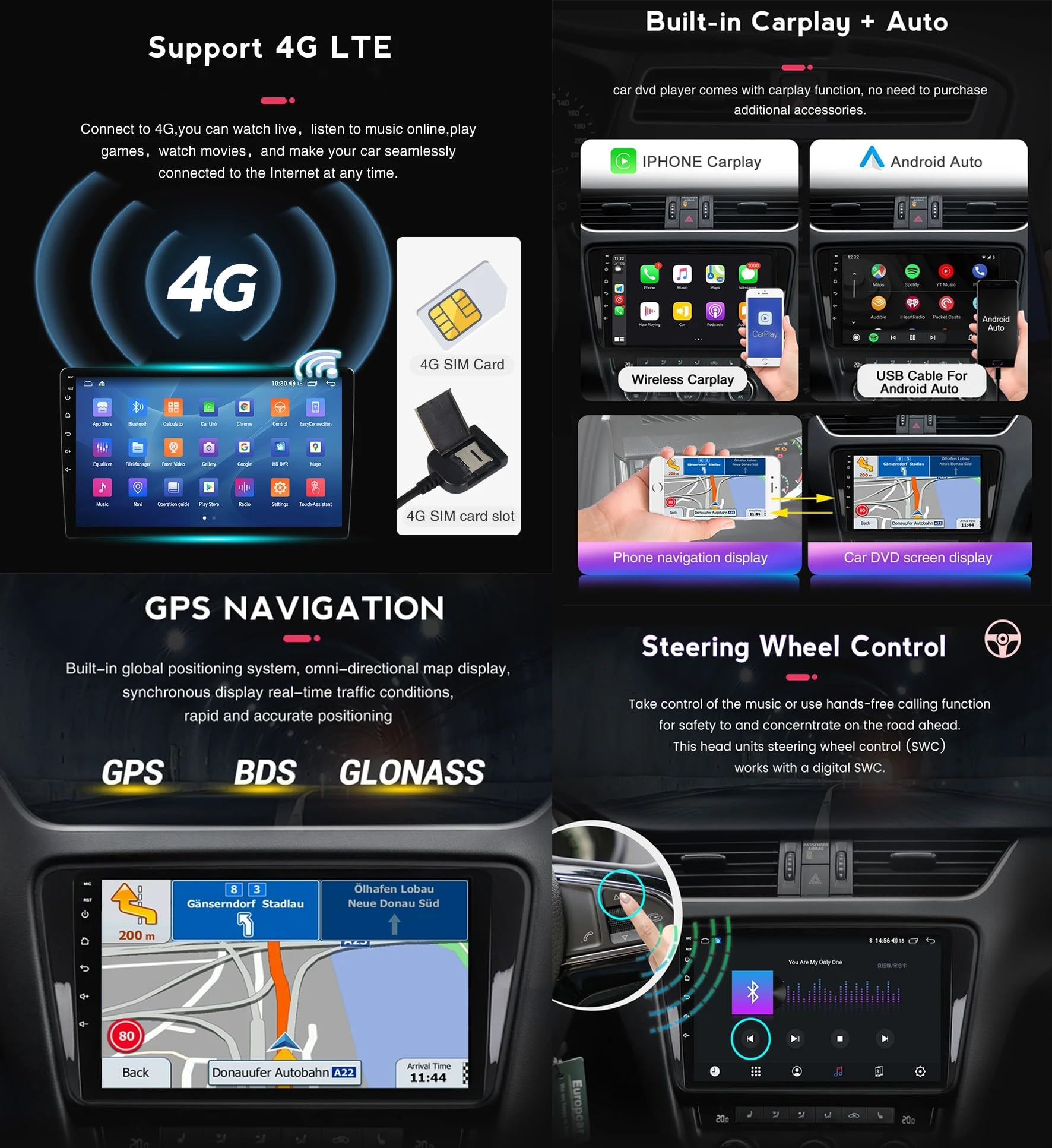 Autoradio Android 12 10 pouces HD à écran tactile pour Hyundai lX45 2013-2017 avec lecteur DVD stéréo de voiture, navigation GPS tactile, Carplay, Bluetooth, commandes au volant, caméra de r