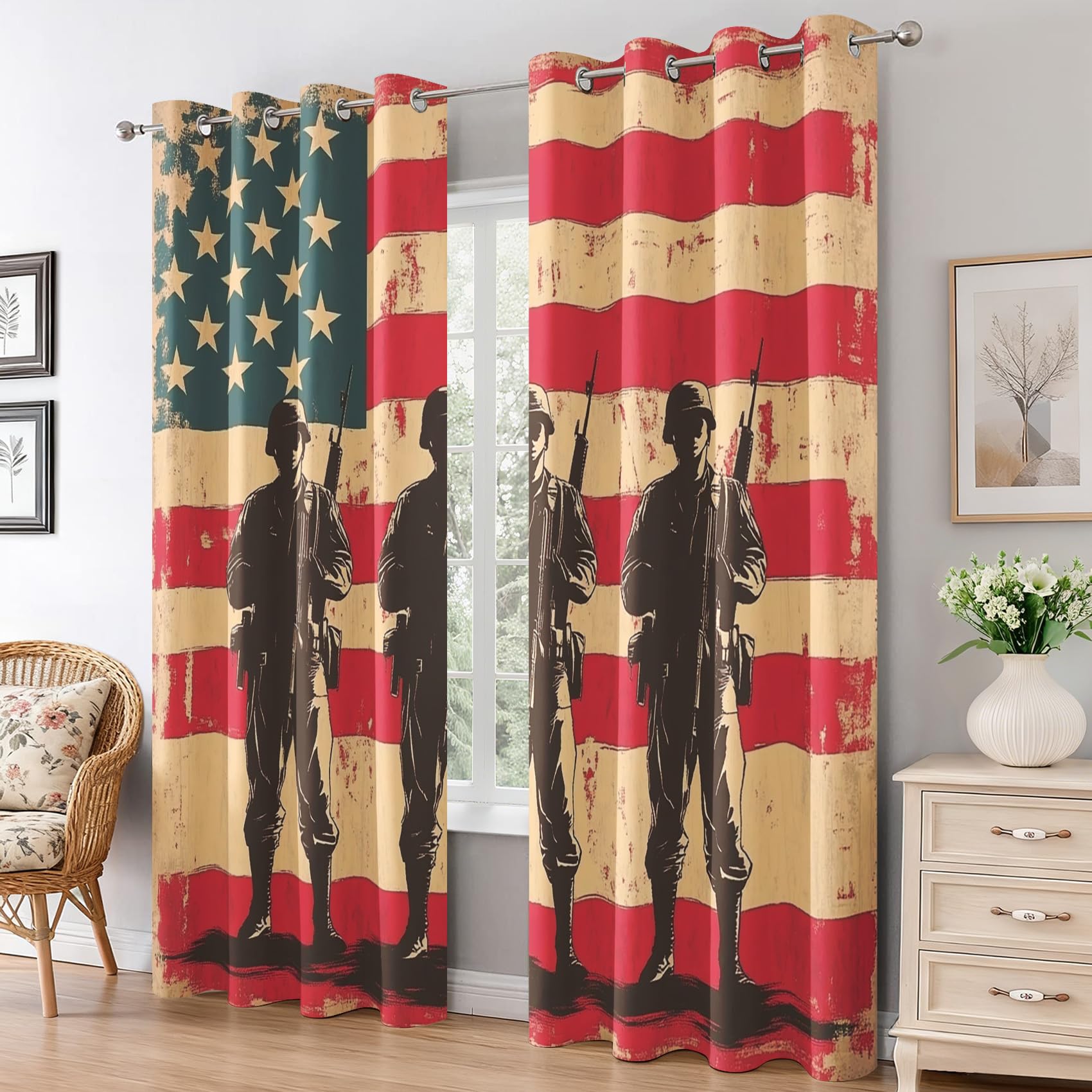 Generisch Blickdichte Vorhänge Soldat, Wohnzimmer Schlafzimmer Deko, Vintage Amerikanische Flagge Gardinen mit Ösen, Thermo Verdunklungsvorhänge 2er Set H137 x B117 cm pw&51