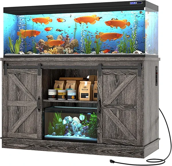 Hlivelood Farmhouse 55-75 Gallon Fish Tank Stand with Power Outlet, Aquarium Stand with Cabinet&Sliding Barn Door, Heavy Duty Reptile Tank Stand for 2 Fish Tank/Turtle Tank/Reptile Terrarium, Grey