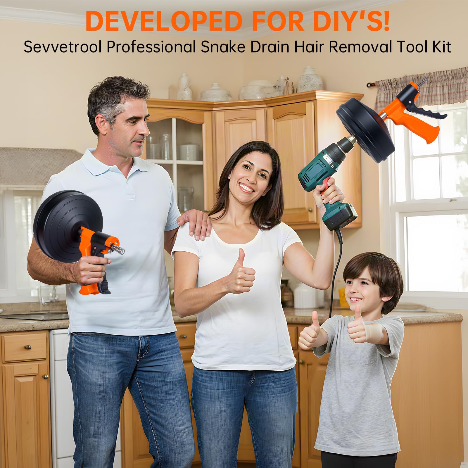 Drain Auger, Clog Remover with Drill Adapter, 35 ft Flexible Plumbing Snake – Use Manually or Powered for Kitchen, Bathroom, and Shower Sink. Comes with Gloves