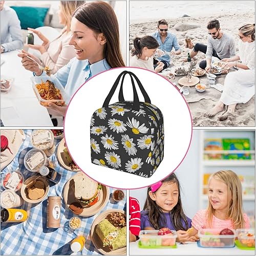 Miniatura 9 de Lonchera con estampado de margaritas negras, bolsa de almuerzo con aislamiento pequeño, bolsa de comida reutilizable, bolsas de almuerzo para
