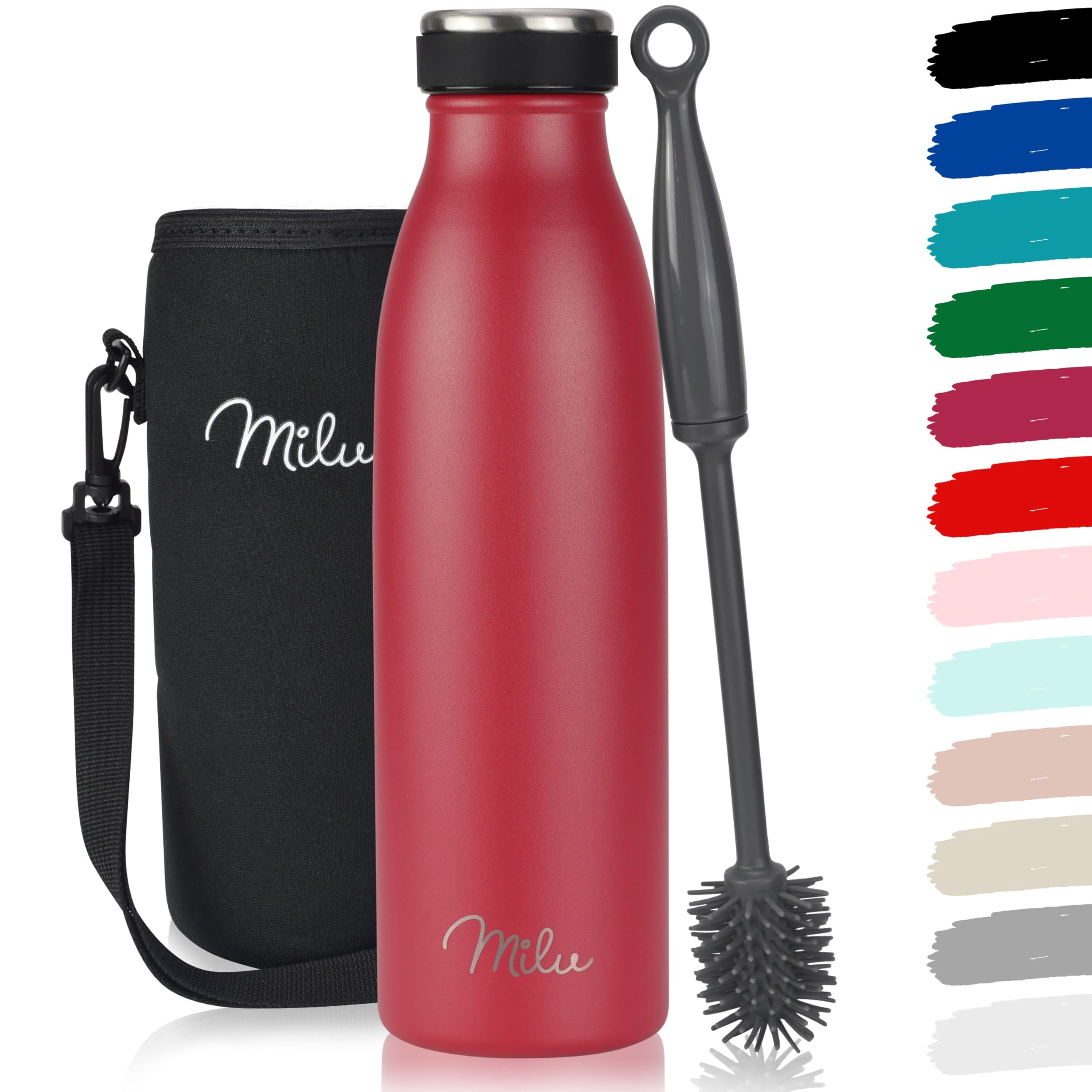 Milu Stainless Steel Drinking Bottle 500 ml - Insulated Thermo Flask for Water - Leak Proof, Insulated and Double Walled, Carbonated (Red, 500ml)
