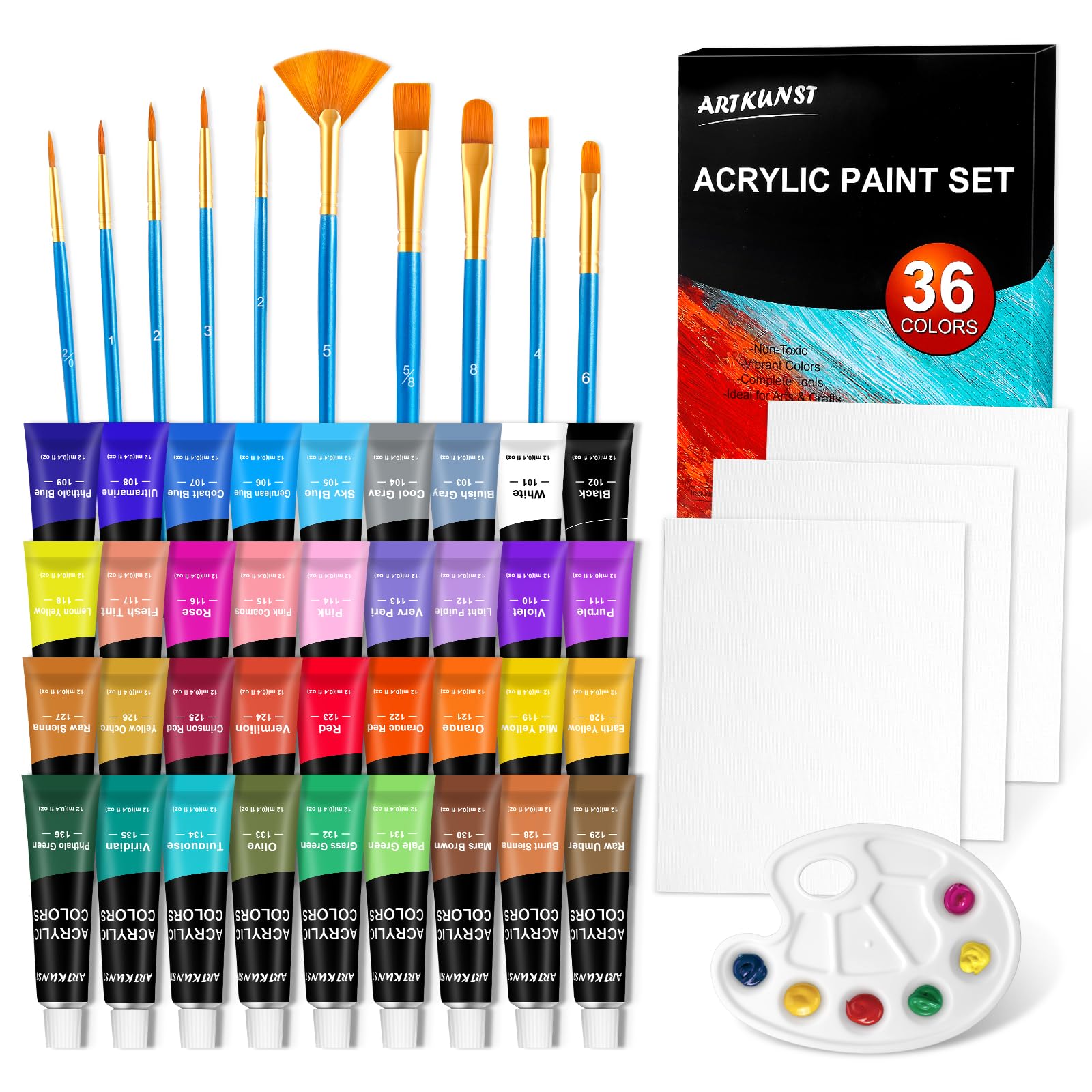 Acrylfarben Set 36x12ml mit 10 tlg. Pinsel, Acrylfarben wasserfest und lichtecht, ungiftig, Acrylfarben Set, ideal für Leinwand, Papier und Stoffe, Geschenke für Weihnachten und andere Feiertage