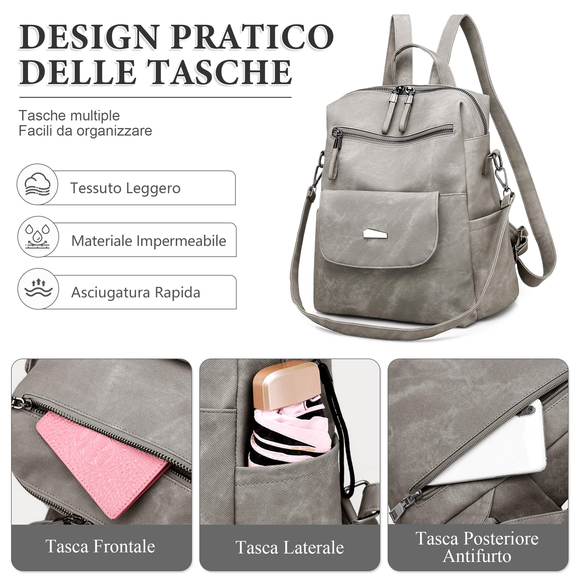 DIRRONA Zaino da Donna Casuale Zaino Donna Alta Capacità Borse a Tracolla Pelle PU Antifurto Impermeabile Daypack Scuola Viaggio Lavoro Borsa Grigio