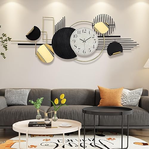 Miniatura 9 de HAVFIFK Arte de pared de metal con geometría moderna, decoración de pared de 59.1 x 22.8 pulgadas, reloj de pared analógico, silencioso, sin tictac,