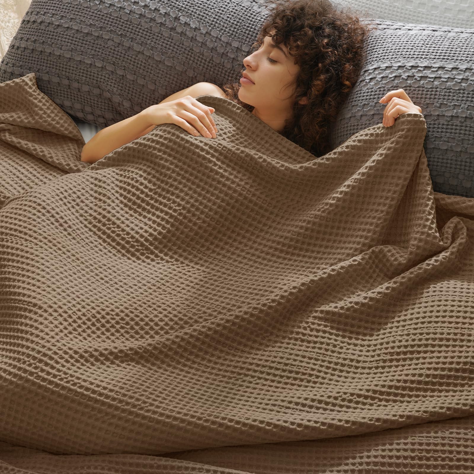 phf ultra soft waffle weave blanket queen size 90"x 90"- washed lightweight breathable cozy woven blanket for bed - aesthetic decor for couch bedding sofa home car - mocha