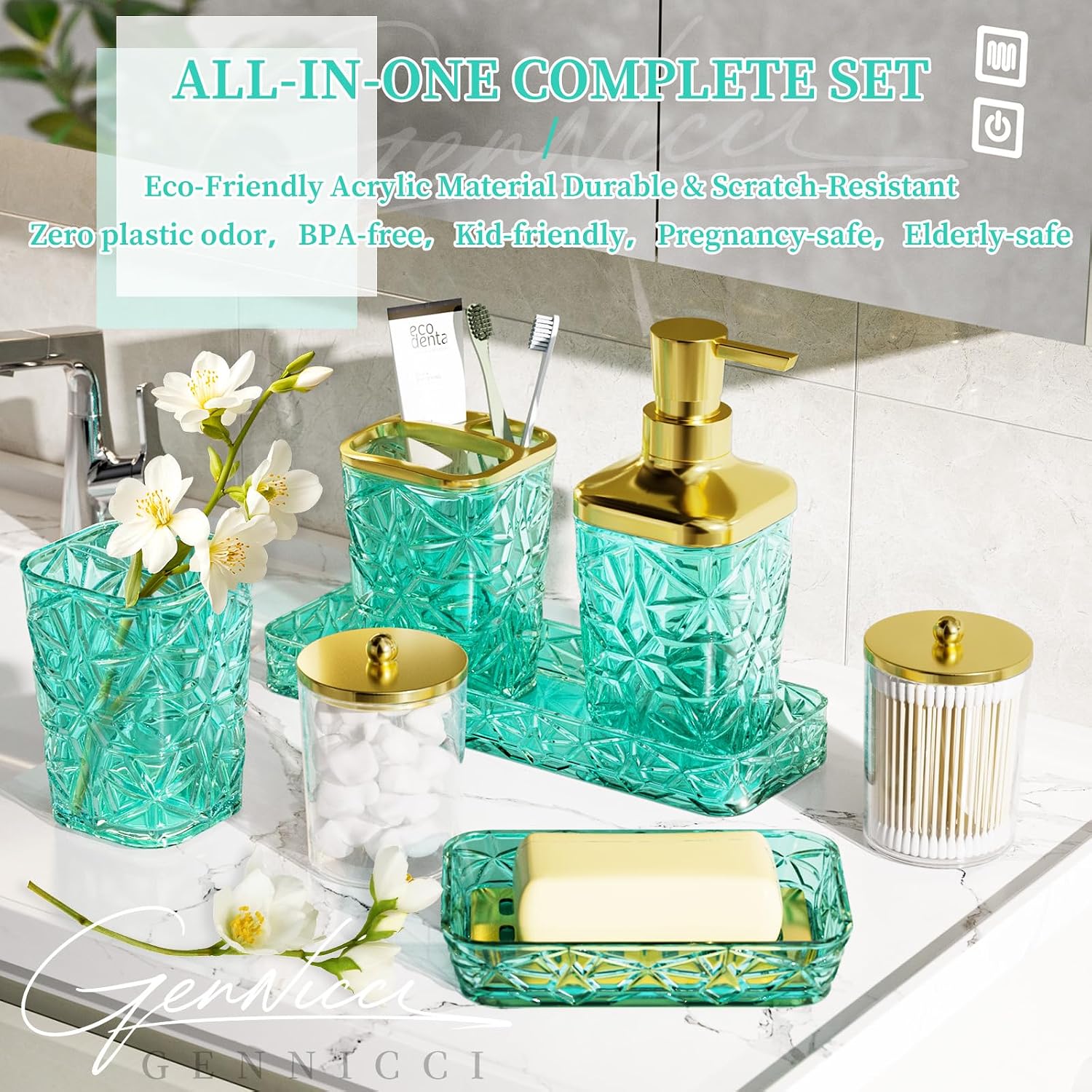 Bathroom Accessory Set, 9-Piece Teal Bathroom Set with Trash Can, Toilet Brush, Soap Dispenser, Soap Dish, Toothbrush Holder, Tumbler, Q-tip Holders & Tray, for Hotel/Apartment, Housewarming Gift
