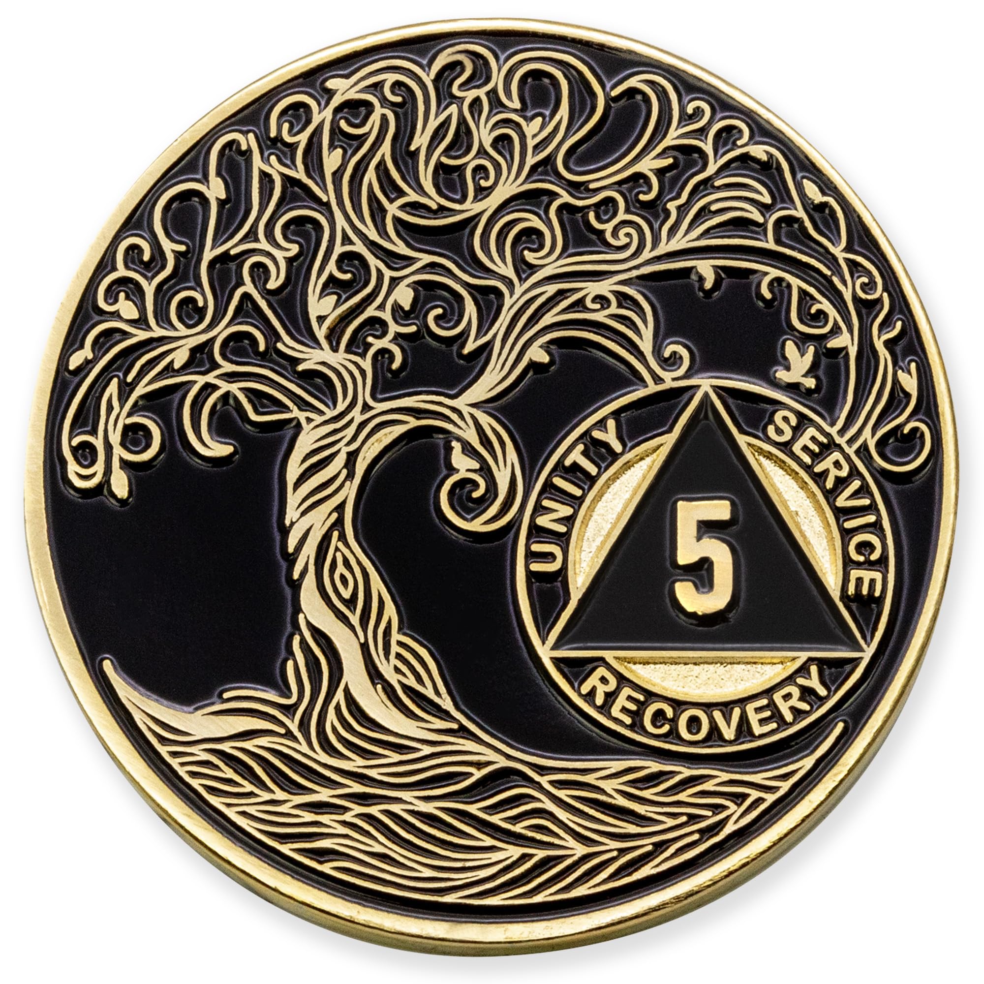 1 to 50 Year Twisted Tree of Life Sobriety Coin - Gold Plated AA Chips &amp; Medallions - 5 Year Sobriety Coin - Black