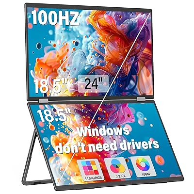 InnoView 18.5" 100Hz Dual Portable Monitor Built-in Speakers 115% sRGB 315°Adjustable Dual Stacked Folding Monitor (Wins/Mac) 1080P Laptop Screen Extender for Laptop(No Driver Needed)