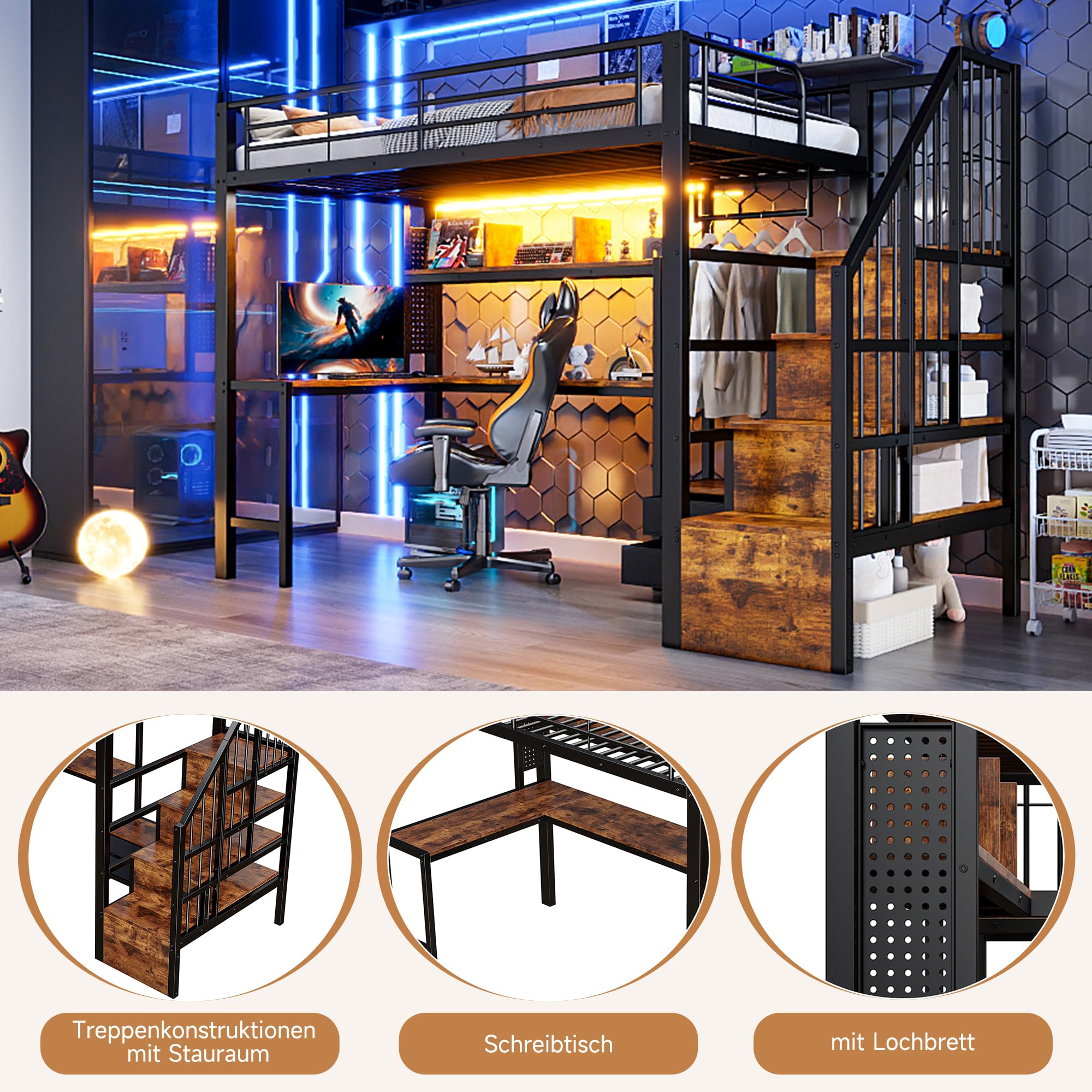 Merax Hochbett 90x200 cm mit Schreibtisch, Treppe mit Regal und Rausfallschutz, Funktionsbett Kinderhochbett mit LED, 2 Schubladen, integrierter Kleiderstange, Metallbett (ohne Matratze), Schwarz