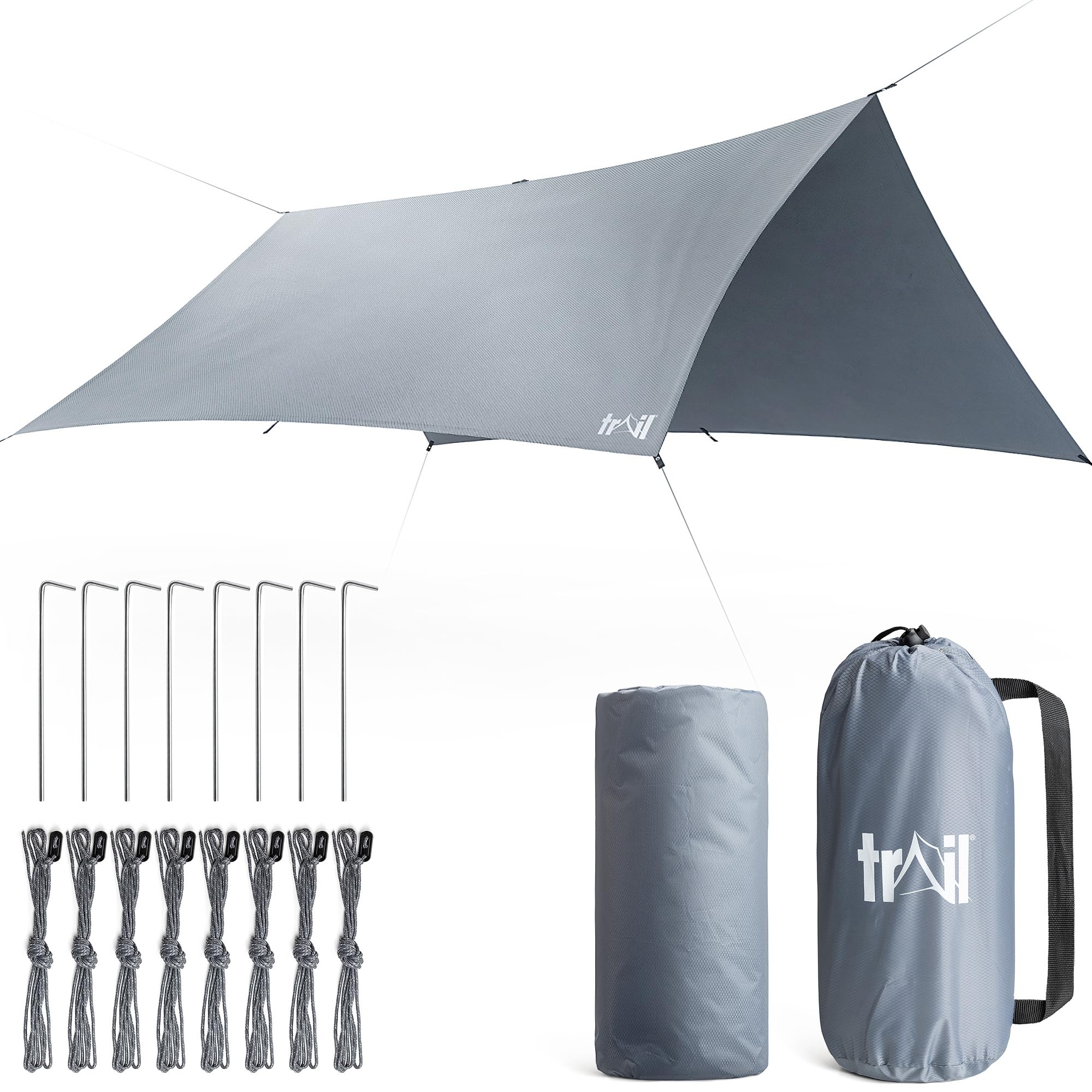 Trail Camping Tarp Shelter 3m x 3m, Lightweight Waterproof 4000mm HH, UPF50+ UV Protection, Portable Heavy Duty Outdoor Camp Rain Fly Tarpaulin, Sun Hammock Canopy with Pegs, Guy-Lines, Bag (No Poles)