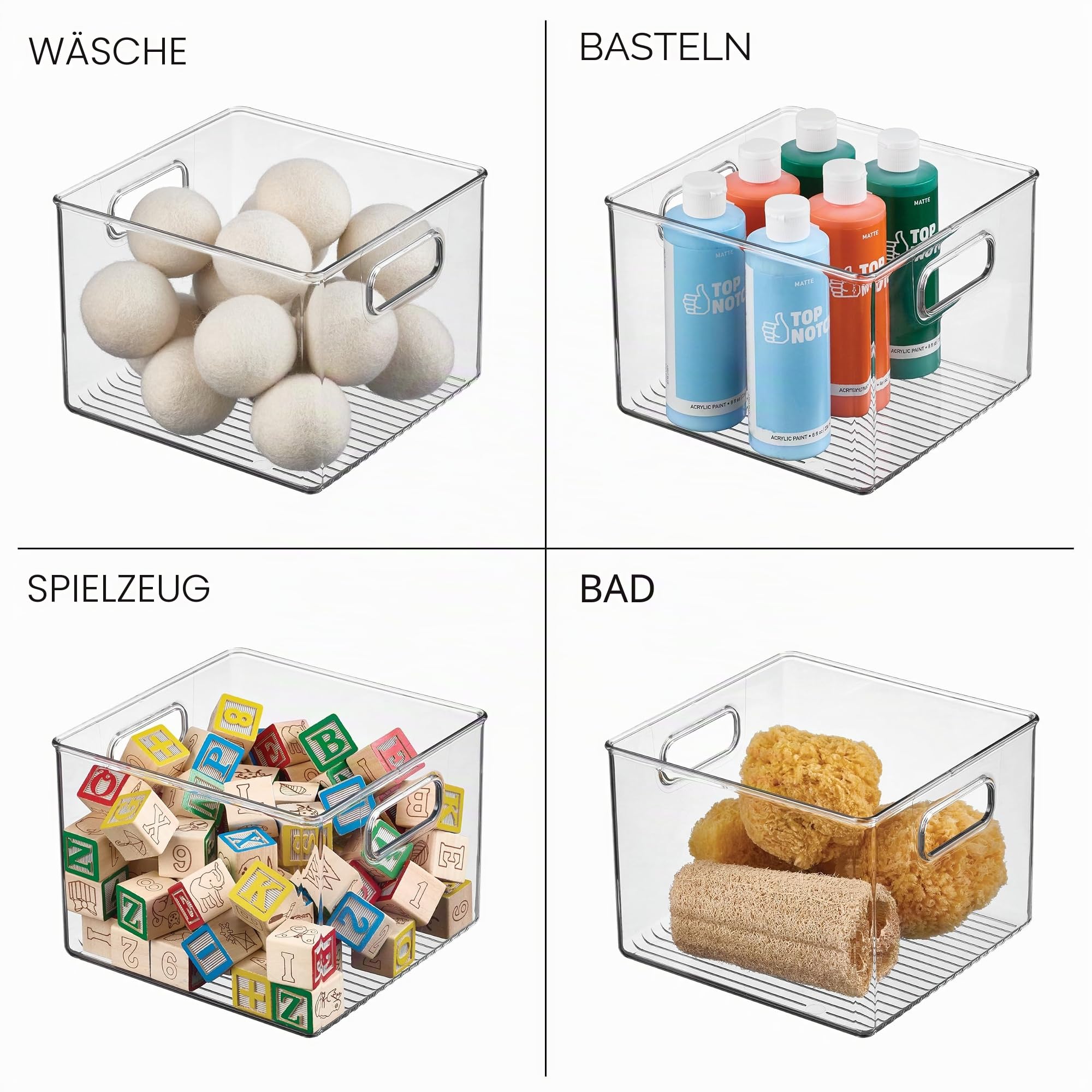 iDesign Cabinet/Kitchen Binz Aufbewahrungsbox, große Ordnungsbox aus Kunststoff, quadratisches 4er-Set Küchen Organizer, durchsichtig, 20-cm by 20-cm by 15-cm