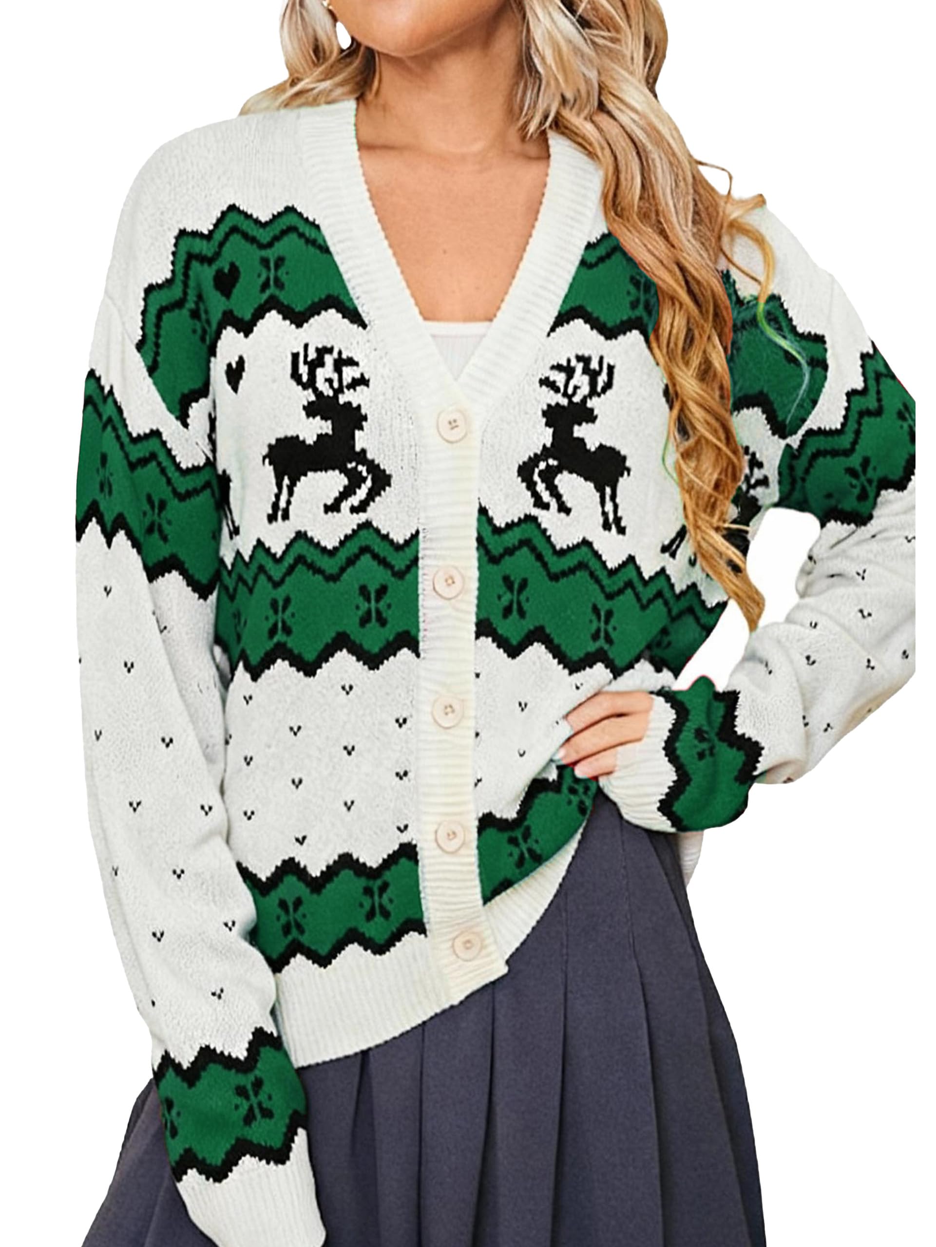 Simplee Womens Christmas Cardigan Casual Funny Reindeer Button Knit Open Front Cute Sweater for Holiday Party