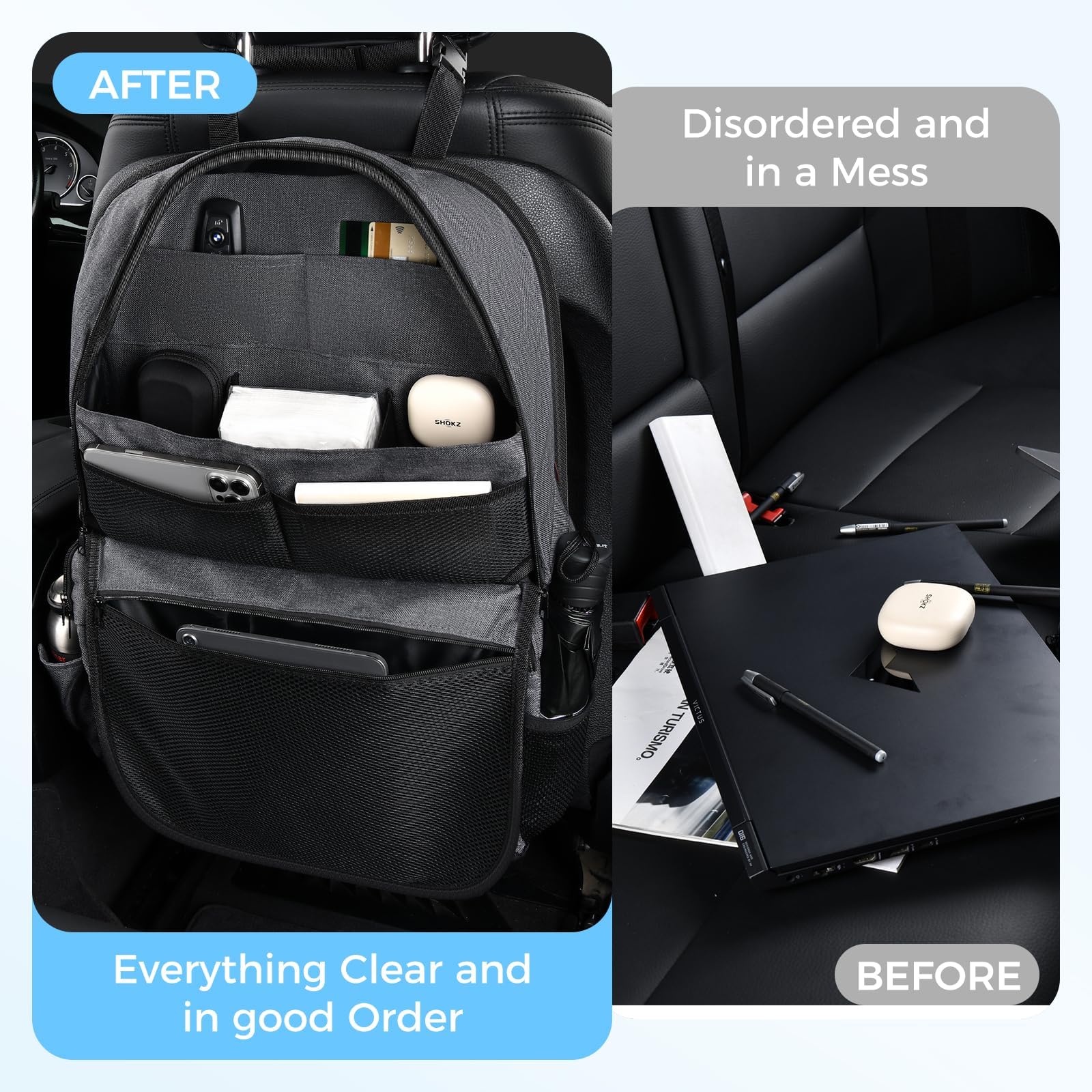 Coverado Organizador de asiento trasero de coche, resistente, duradero, de doble dirección, impermeable, con bolsillos reforzados, diseño de cierre de cremallera, protege los objetos de valor de