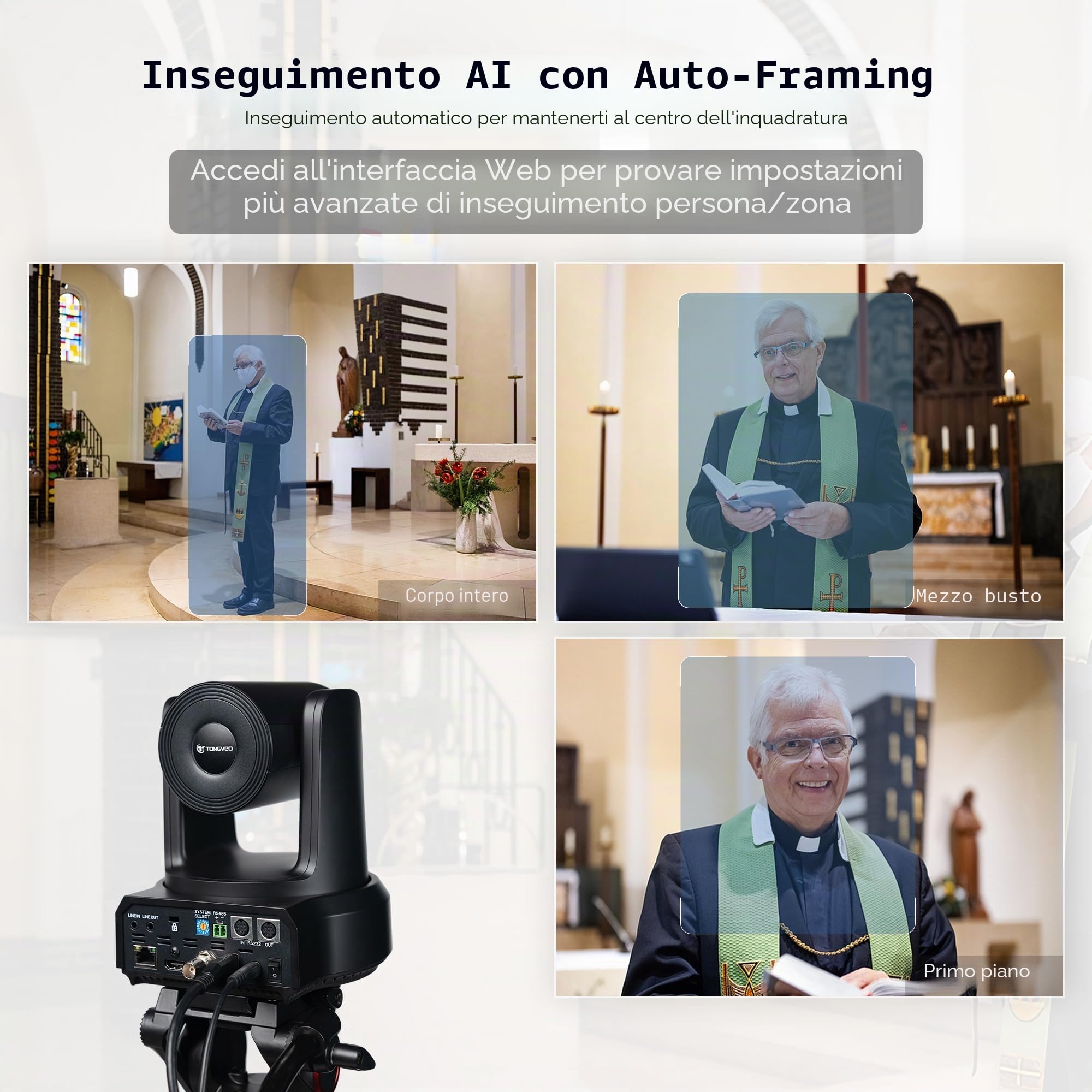 TONGVEO Telecamera IP PTZ AI Auto-Tracking SDI/HDMI/USB3.0/LAN PoE 30X Optical + Zoom digitale 16X 1080P 60fps per Live Streaming Chiesa Servizi Istruzione Videoconferenza con OBS vMix e altro