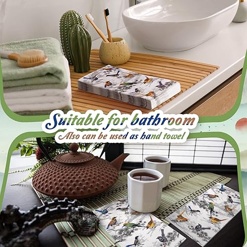 Miniatura 13 de Jetec 200 servilletas de papel para invitados, diseño de pájaros florales de primavera, toallas de mano desechables decorativas para baño, fiesta