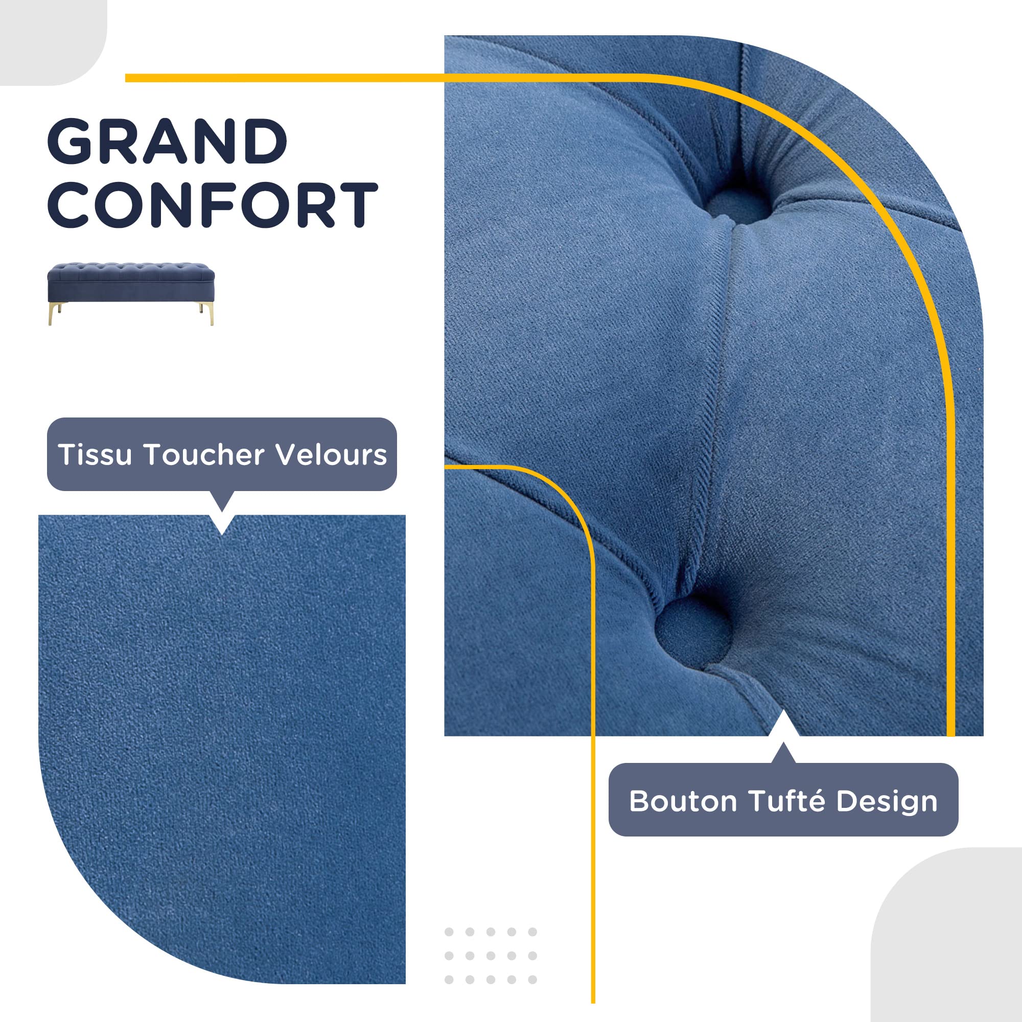 HOMCOM Banc Banquette capitonnée Bout de lit Style Classique Chic dim. 118L x 45l x 42H cm piètement métal doré Velours Bleu