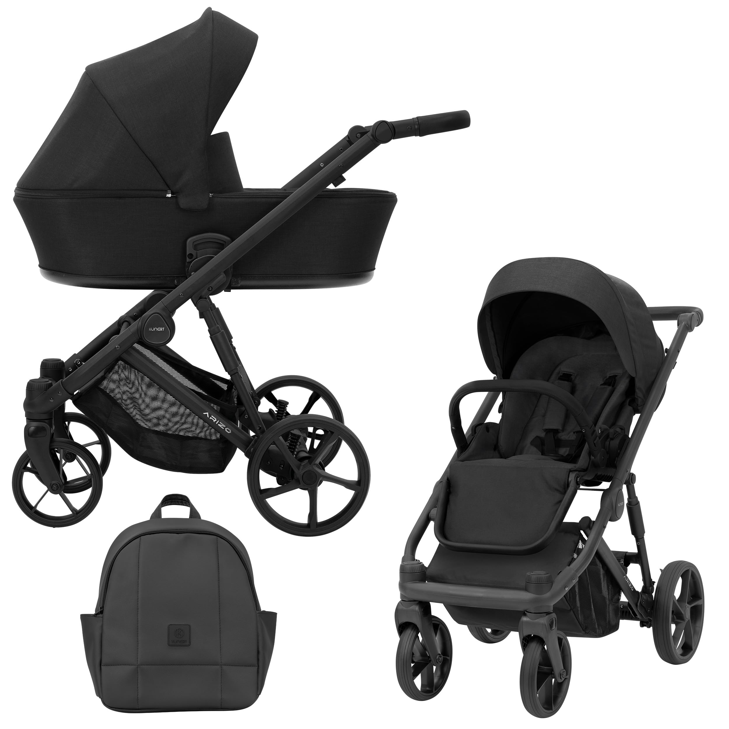 Kunert ARIZO 2-in-1 Stroller in bassinet configuration, black color.