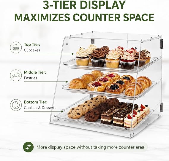 YBSVO 3-Tier Commercial Bakery Display Case | Countertop Pastry Showcase with Removable Trays, Food-Grade Dessert Cabinet with Magnetic Back Doors for Cafe, Market, Home