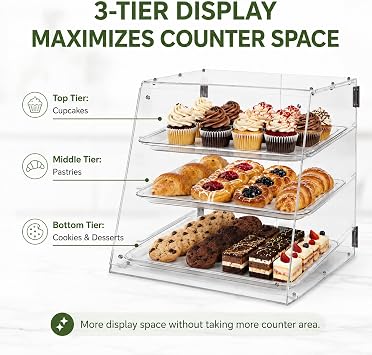 YBSVO 3-Tier Commercial Bakery Display Case | Countertop Pastry Showcase with Removable Trays, Food-Grade Dessert Cabinet with Magnetic Back Doors for Cafe, Market, Home