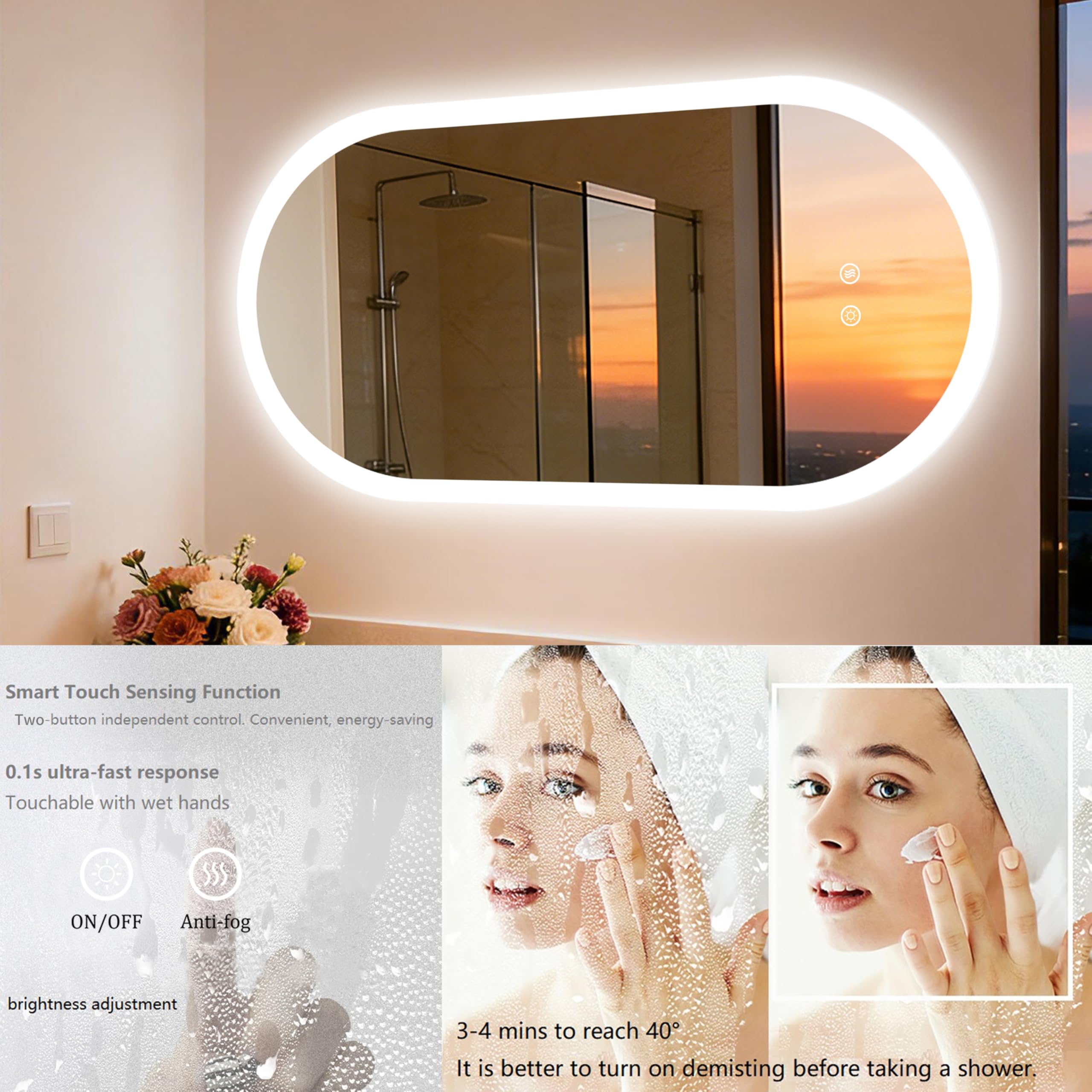 LUVODI Espejo Baño con Luz Led Ovalado 100 x 50 cm Espejos de Baño Antivaho con Luz Retroiluminado Regulable Espejo Moderno Inteligente con 2 Interruptor Tactil Función de Memoria y Impermeable IP66
