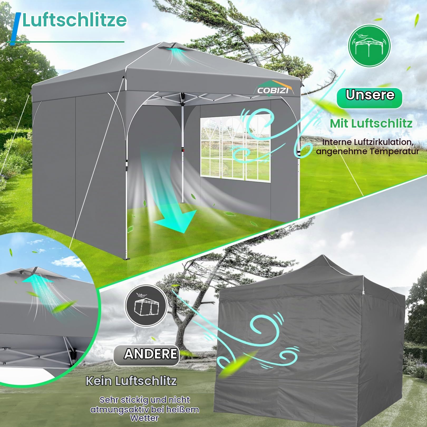 TOOLUCK Pavillon 3x3 Wasserdicht Stabil Winterfest Faltpavillon Gartenpavillon Partyzelt Pop Up Pavillon Klappbar UV Schutz 50+ Höhenverstellbar mit Entlüftung & 3 Stoffstücken&4 Sandsäcke， Grau