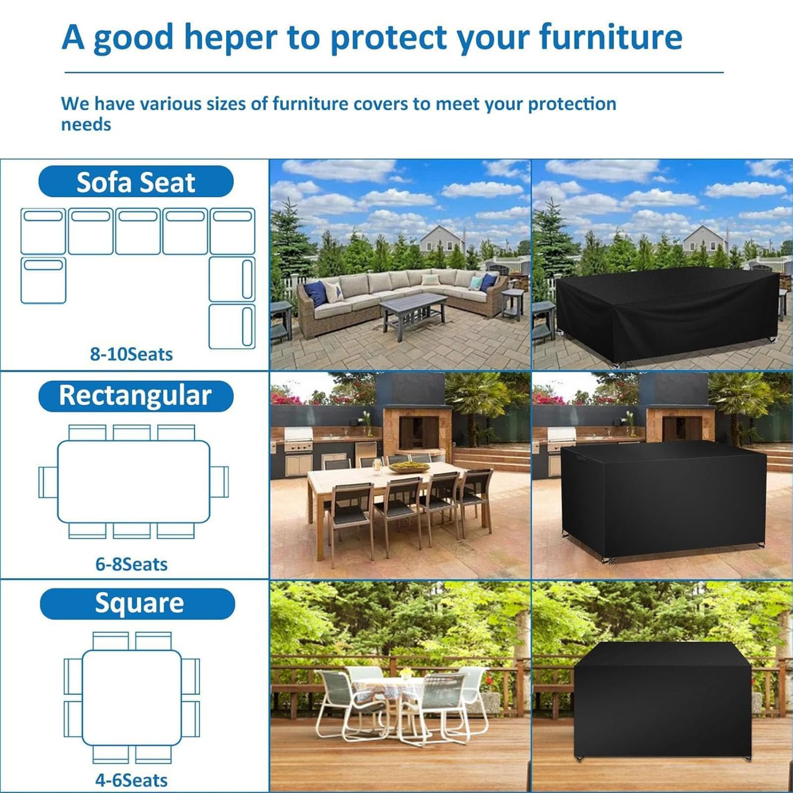 200 x 160 x 110 cm, copertura impermeabile per mobili da giardino, in Oxford 420D, anti-UV, resistente agli strappi, per divano da esterno, rettangolare, fibbie, coulisse, nero