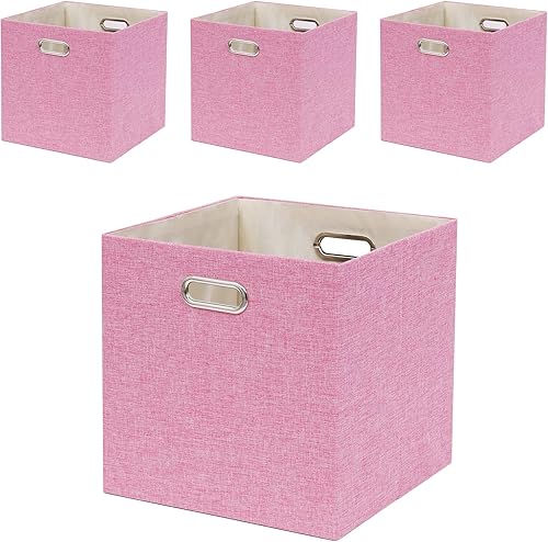 Cajas Organizadoras de Almacenamiento de Cubo Rosa 33x33x33 cm, Juego de 4 Cajas de Organización Plegables con Asas, Cajas de Almacenamiento