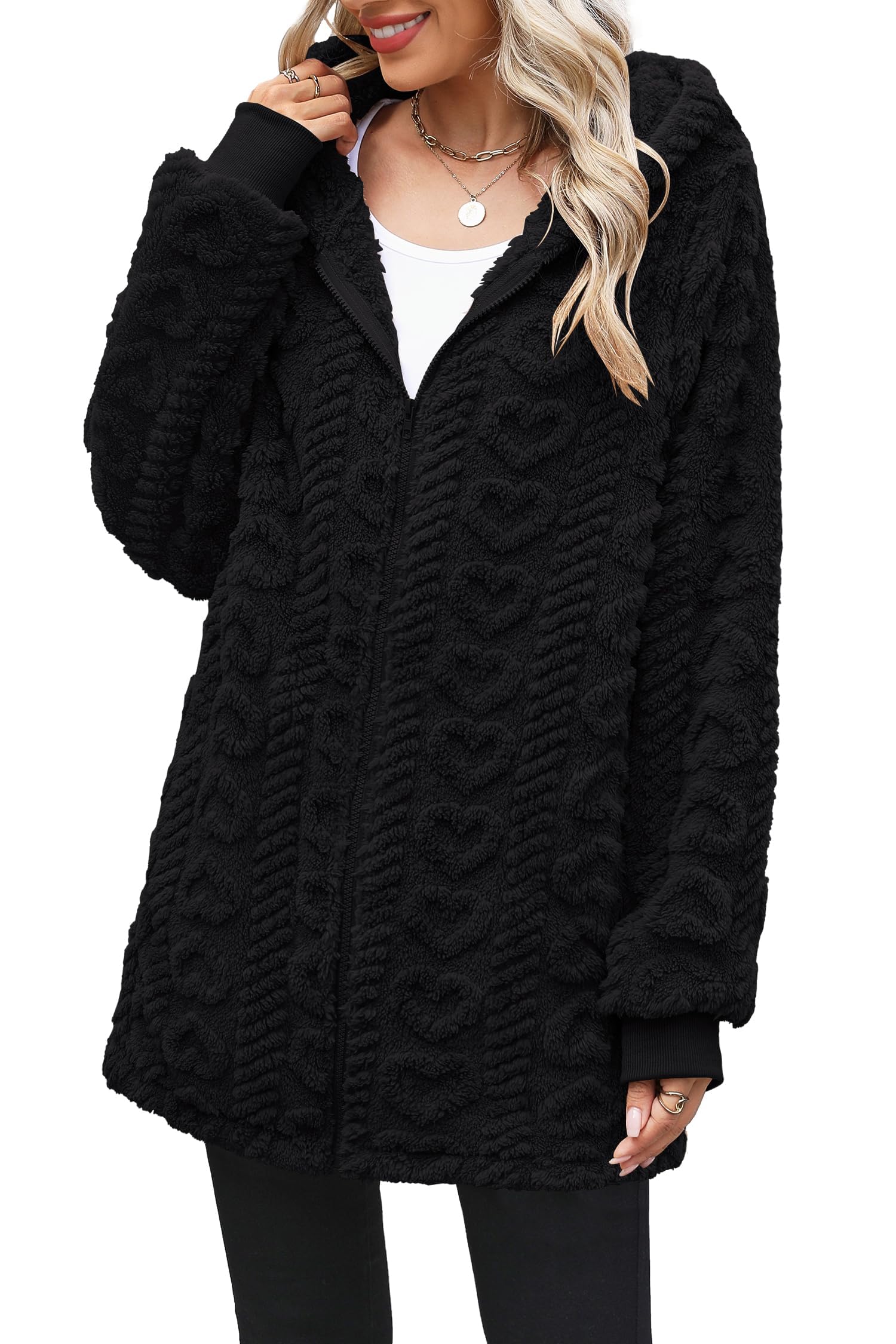 XXL ReachMe Womens Fleece Zip Up Jacket with Pockets Oversized Long Sherpa Hoodie Fuzzy Jackets Warm Teddy Coat