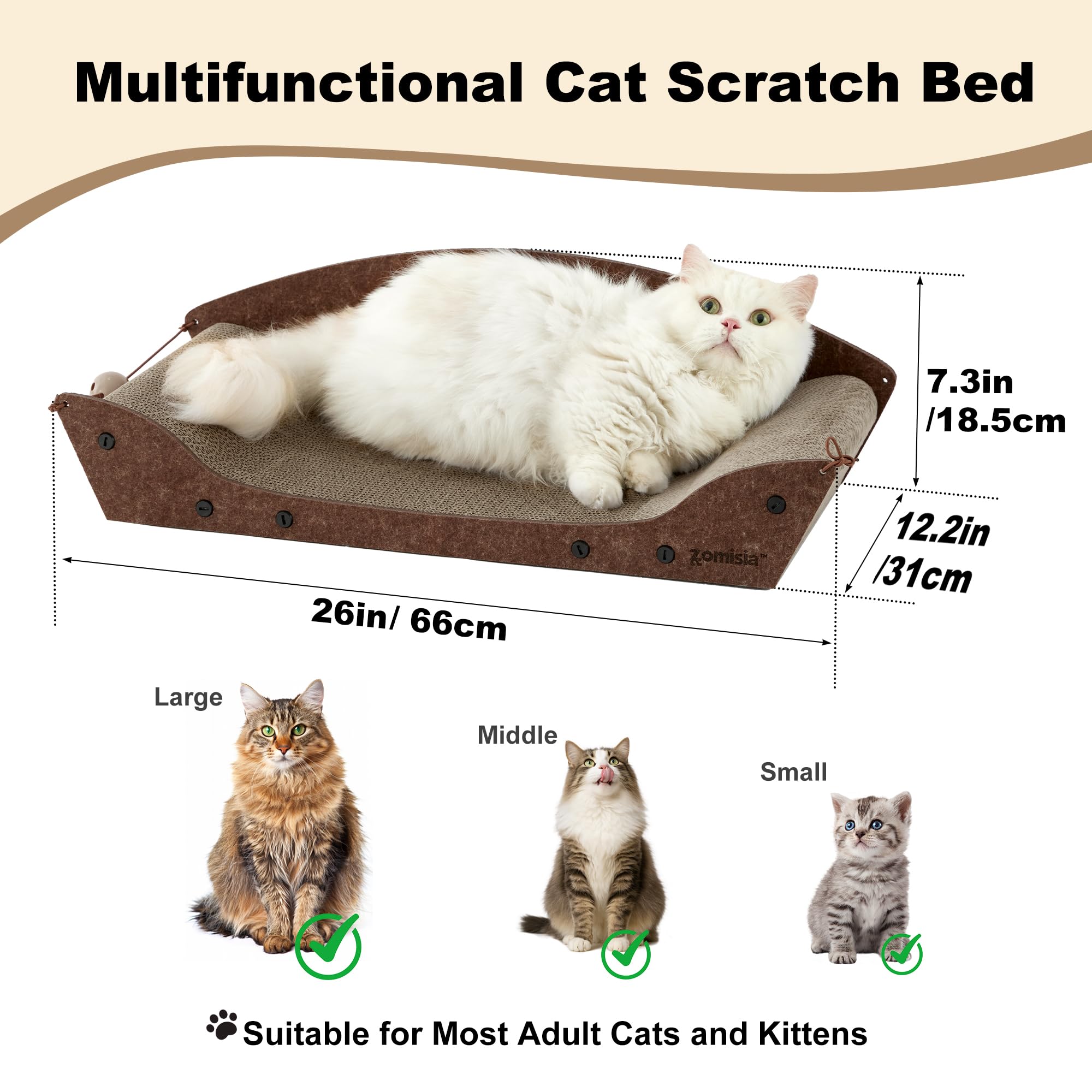 ZOMISIA Kratzbrett Katzen 66cm - Großes Kratzpappe für Katzen aus Hochwertiger Pappe, Kratzbretter Katze mit Glockenball-Spielzeug