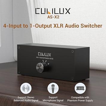 Cubilux AS-X2 4-In-1-Out Stereo XLR Selector, Passive Balanced XLR Line-in Audio Switcher, Microphone Switch Box Full Aluminum Alloy Case, Support Phantom Power Passes Through