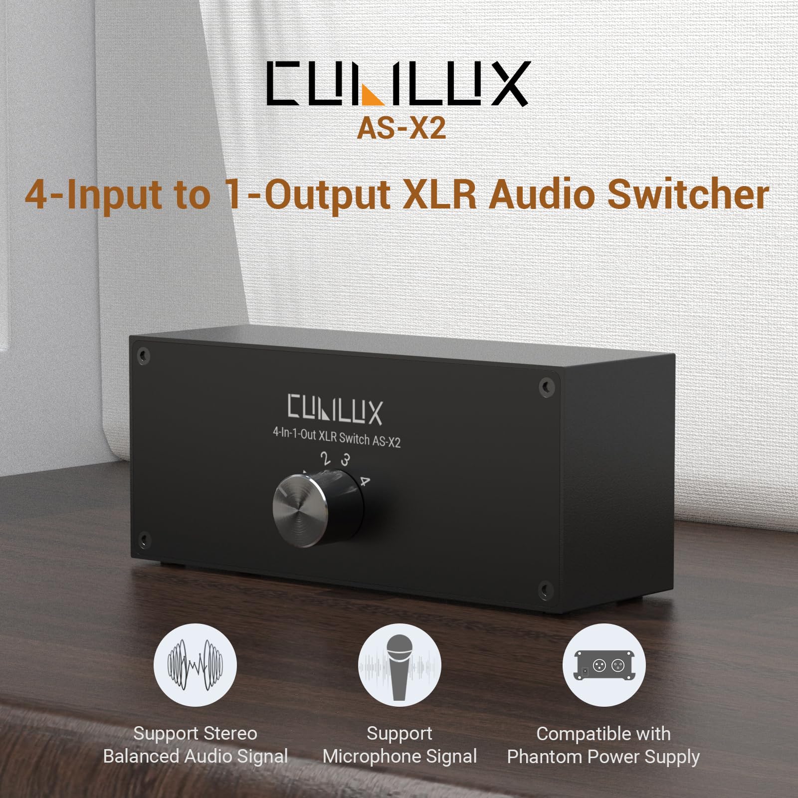 Cubilux AS-X2 Selector XLR stereo 4 w 1 wyjście, przełącznik audio wejścia liniowego XLR zbalansowane pasywne, skrzynka przełącznika mikrofonowego, obudowa z pełnej stopu aluminium, kompatybilny