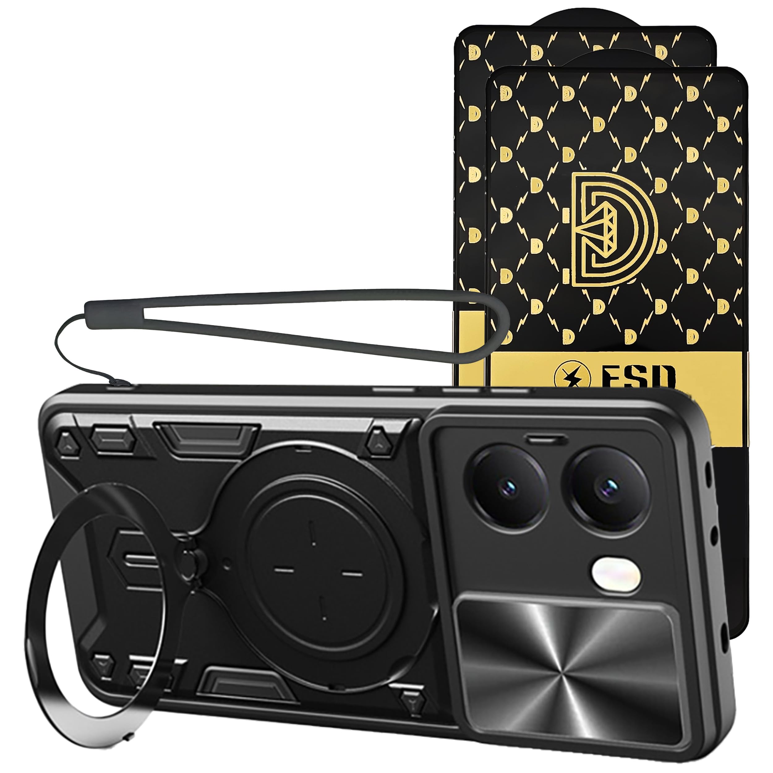 Xiaomi Poco X7 Pro 5G Case with Call Flashing+ Silicone Lanyard, Poco X7 Pro Screen Protector [2 PACK] Militray Drop Protection Metal Kickstand X7Pro Cover magnetRing (Black, X7Pro+Glass(2Pcs)) Black X7Pro+Glass(2Pcs)