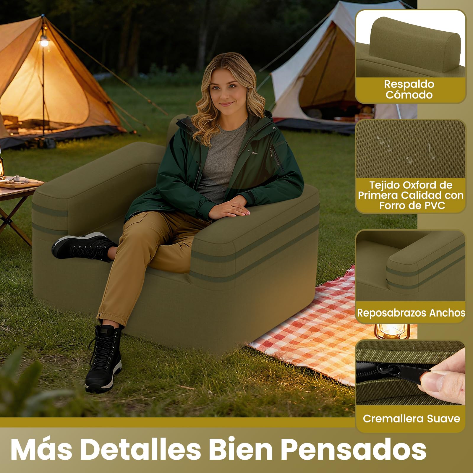 COSTWAY Silla Inflable para Camping, Sofá Hinchable con Bomba Portátil Desmontable, Tela Oxford, Bolsillo de Almacenamiento, Sofá de Aire Individual para Salon, Camping, Picnic, Playa, Carga 150 kg