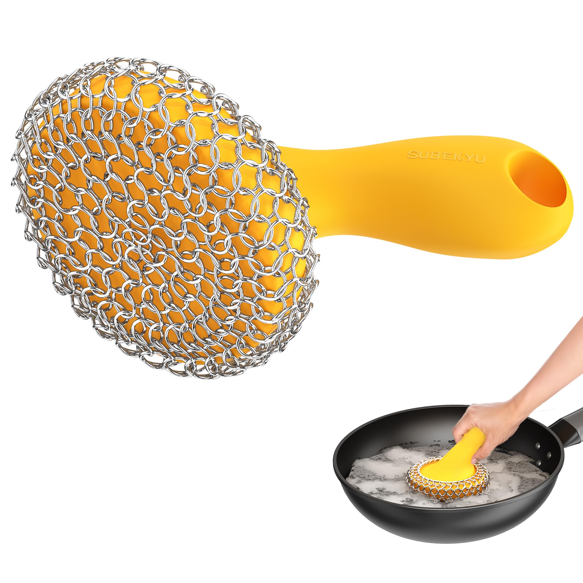 SUBEKYU Cast Iron Scrubber with Silicone Handle, Stainless Steel Skillet Cleaner for Cast Iron Pans (Yellow)
