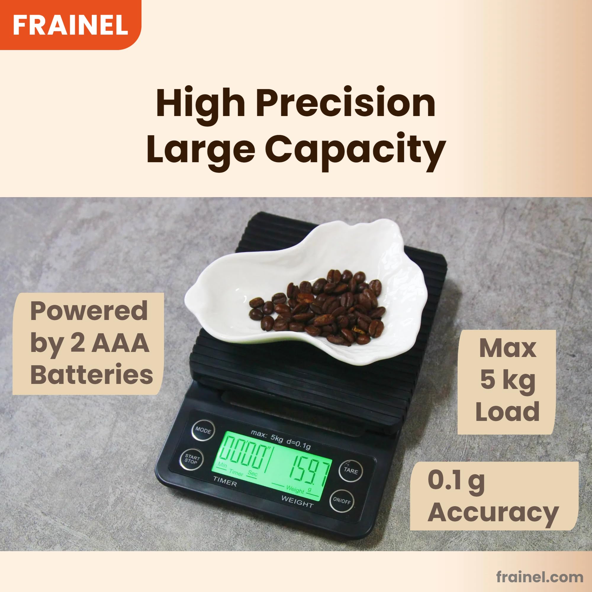 Pèse-personne numérique pour café expresso et pâtisserie avec minuterie intégrée (accumulation et compte à rebours), interrupteur d'unité, poids max 5 kg