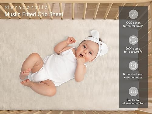 Miniatura 4 de Meracorallo Sábana bajera ajustable de muselina para cuna, suave y transpirable, para colchones estándar para cuna y niños pequeños, color beige